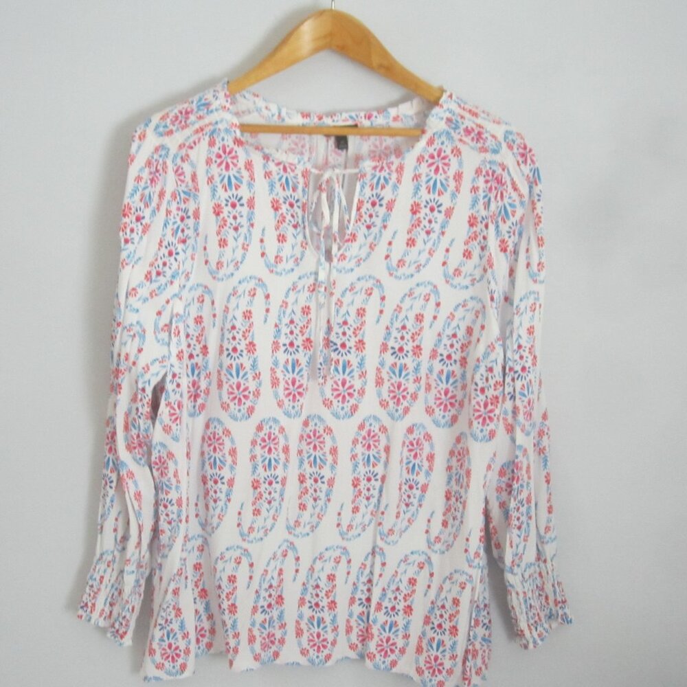 Talbots Womens Plus 1X White Red Blue Paisley Smocked Rayon Peasant Shirt Tunic